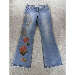 Vintage Bisou Bisou Womens Flower Applique Embroidered Flared Jeans Size 12 90s